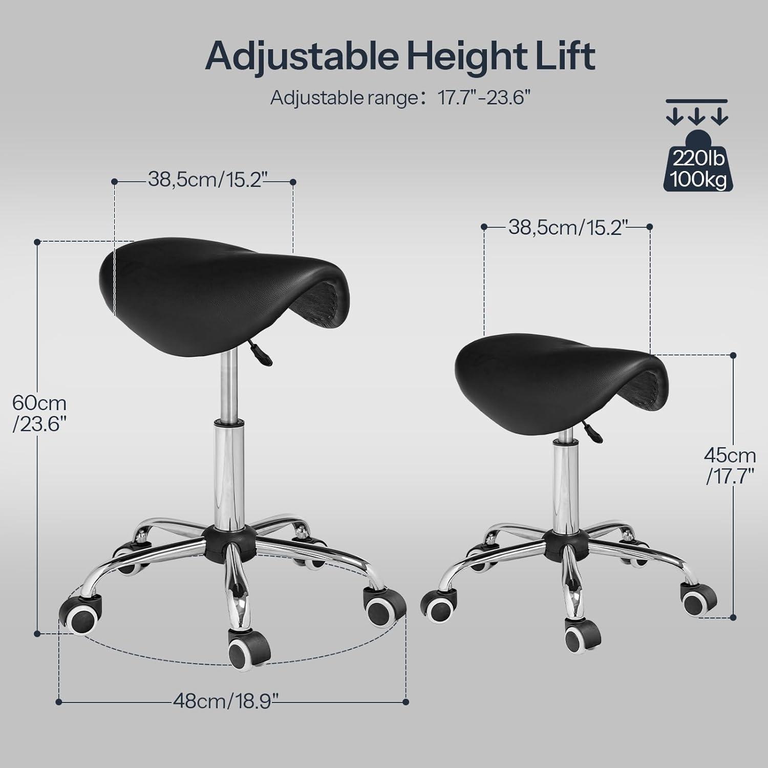 Adjustable Rolling Saddle Stool PU Leather Rolling Stool Salon Chair with Wheels Black