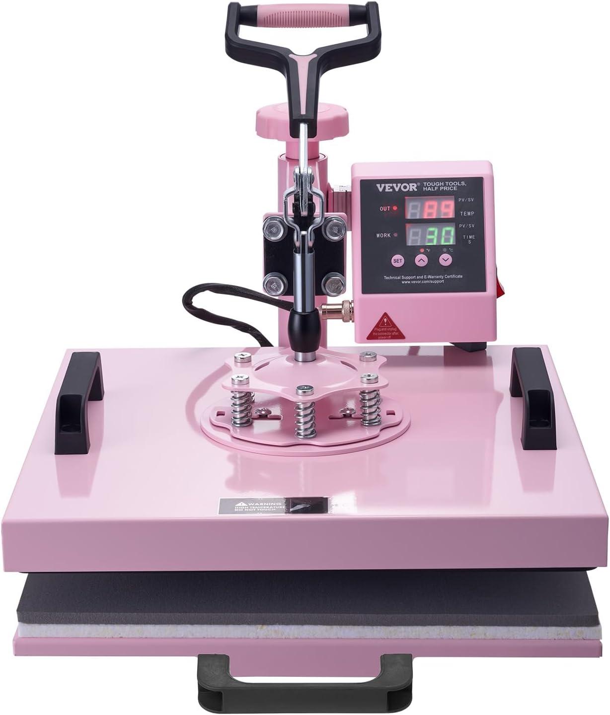 VEVOR Heat Press Machine 15x15 inch, Heat Press Machine for T-Shirts, 5 in 1 Heat Press with 30 OZ Tumbler Press, Combo Tumbler Heat Press Machine Sublimation for Hat Cap Mug Plate, Pink