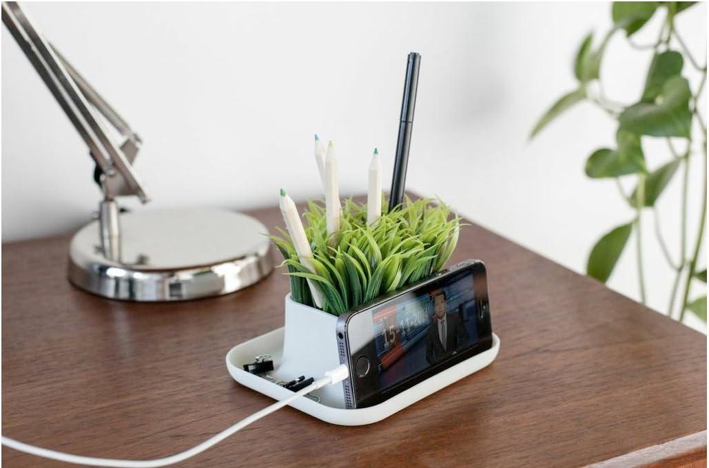 Beige Faux Grass Pen and Phone Stand with Tray