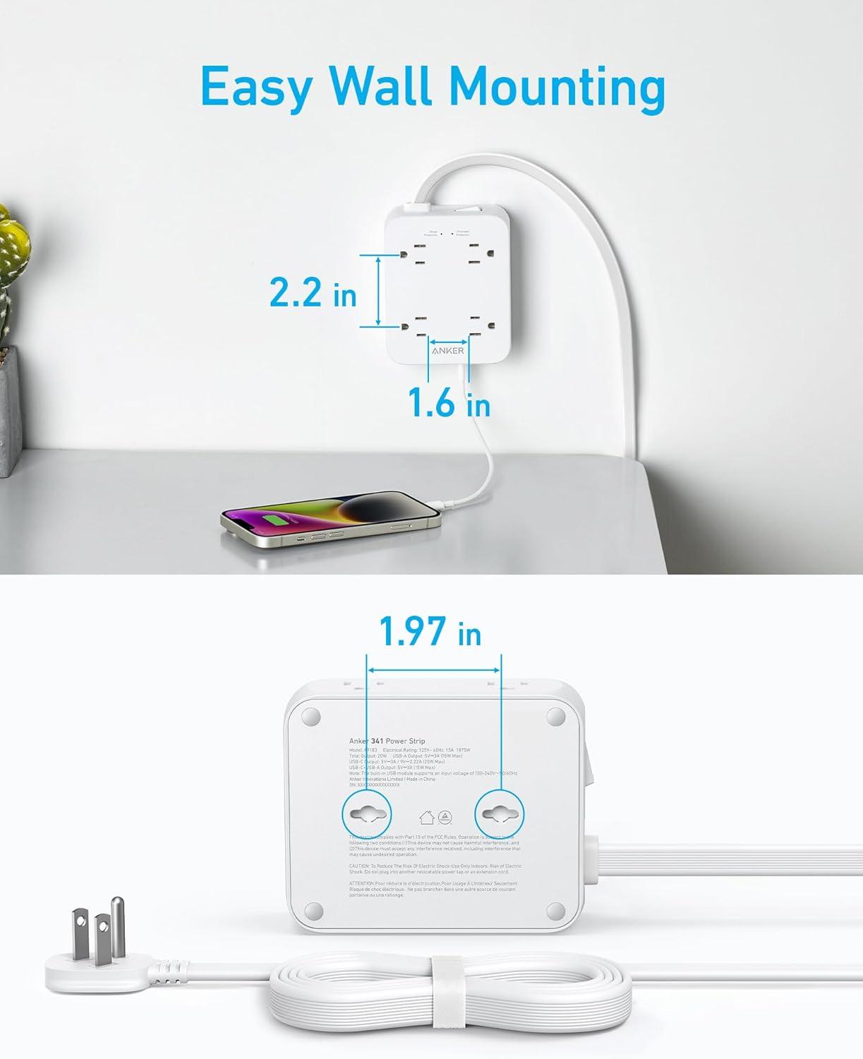 Surge Protector Flat Plug Power Strip 2000J, Anker 5ft Thin Extension Cord with 8 Outlets, 2 USB A and 1 USB C Port, 20W for iPhone15, Wall Mount, Compact for Home, Office, Room, TUV Listed