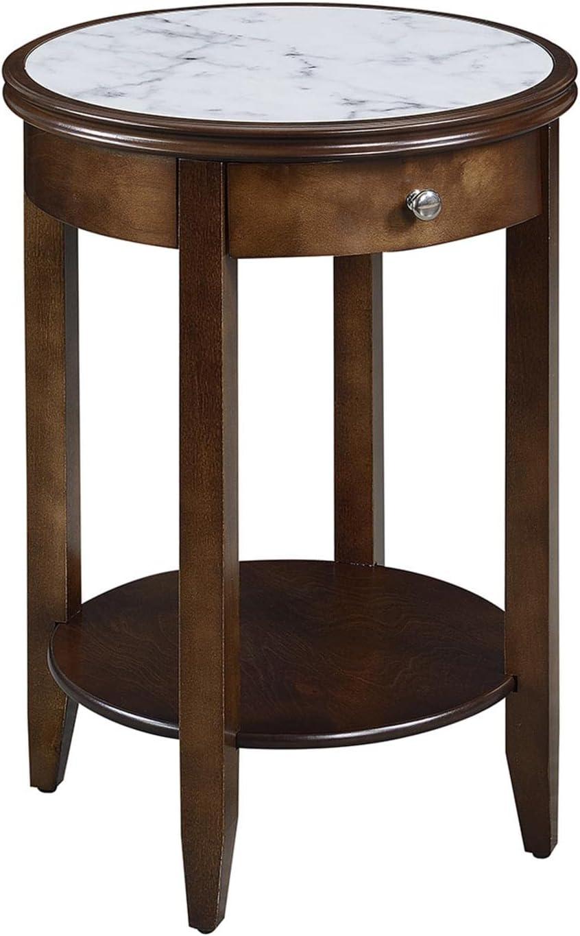 Elegant Traditional Round End Table with Faux Marble Top and Storage