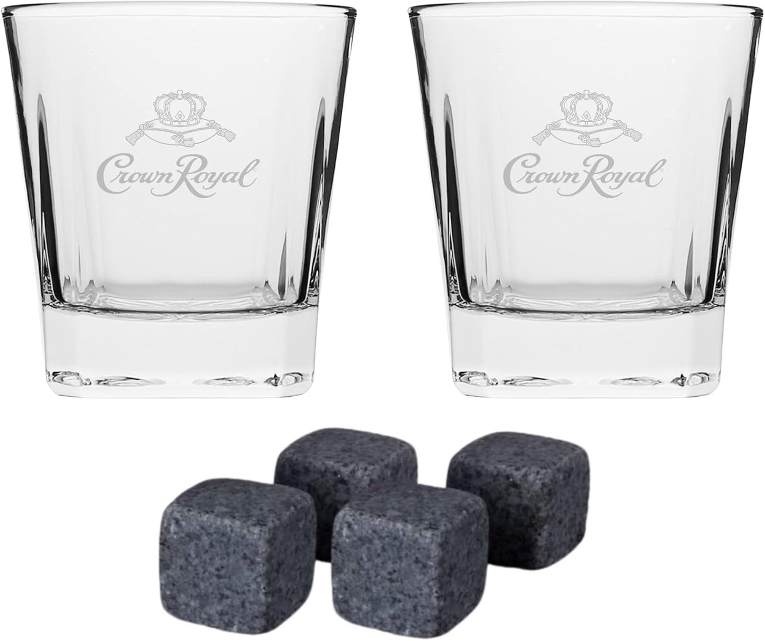 Crown Royal Whiskey Glass and Stone Set by Lord’s Rocks | 2 Scotch Whiskey Glasses and 4 Unique Chilling Granite Rocks | Whiskey Stone Gift Set for Men Compatible