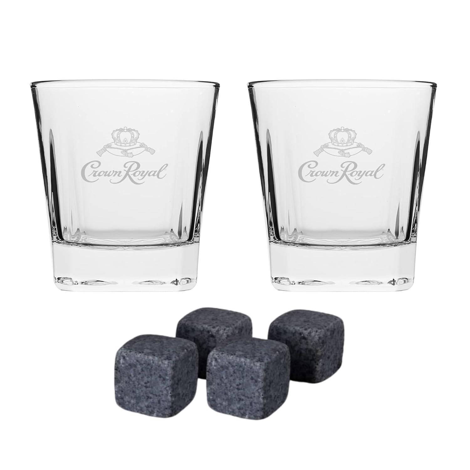 Crown Royal Whiskey Glass and Stone Set by Lord’s Rocks | 2 Scotch Whiskey Glasses and 4 Unique Chilling Granite Rocks | Whiskey Stone Gift Set for Men Compatible