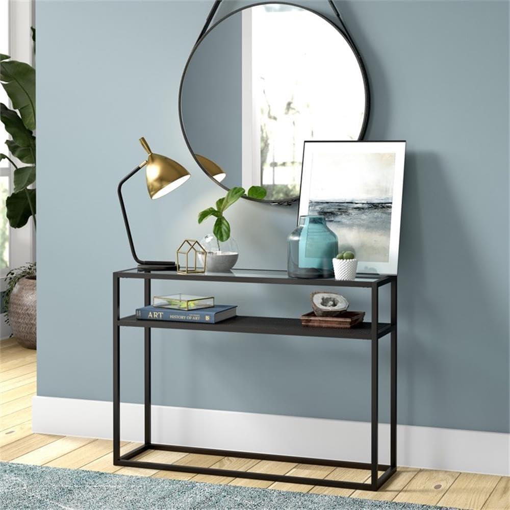 Evelyn&Zoe Nellie 42" Wide Rectangular Console Table with Metal Mesh Shelf, Blackened Bronze