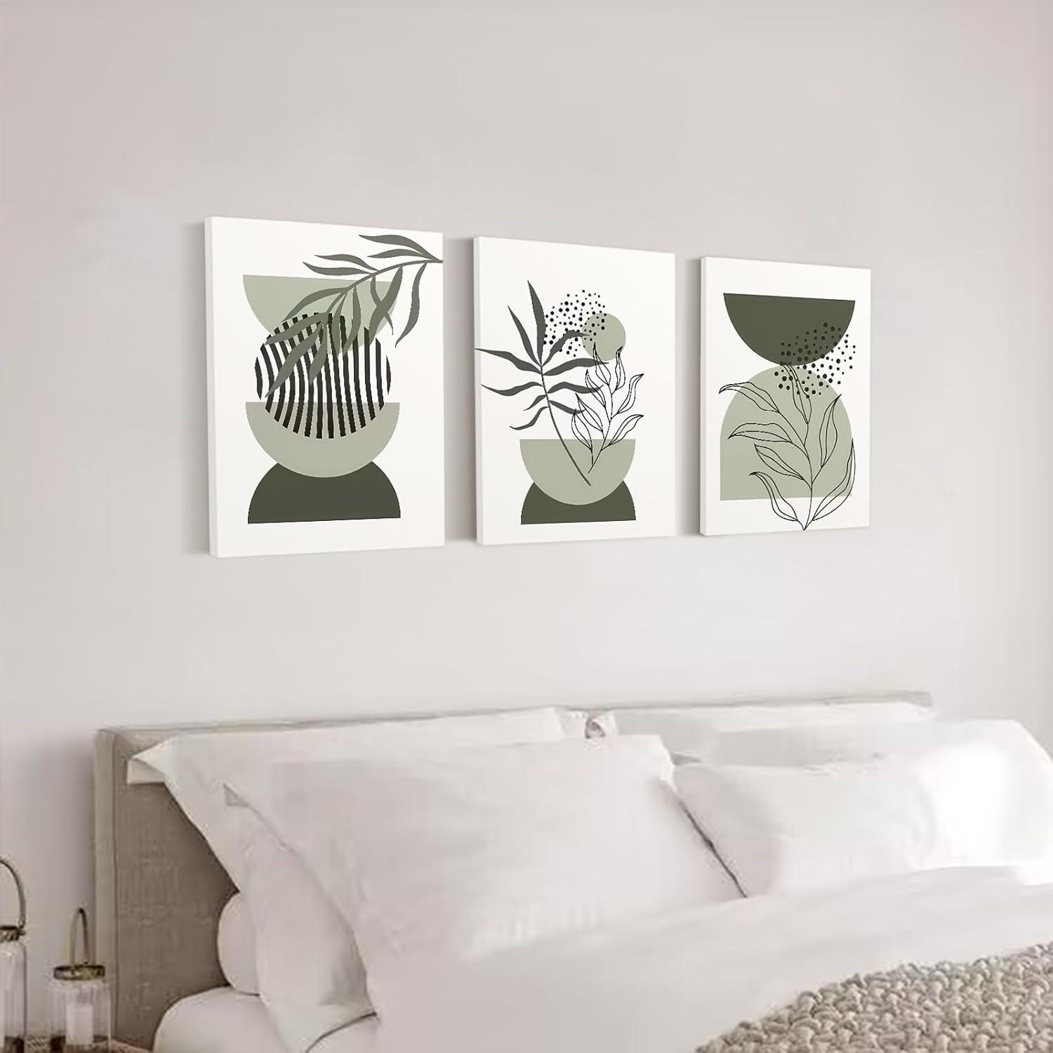 Sage Green Boho Wall Art Set of 3, Minimalist Framed Wall Art Geometric Line Leaf Sun Moon Beige Green Canvas Artwork Paintings, Abstract Botanical Boho Room Decor, Sage Green Wall Posters 12"x16"