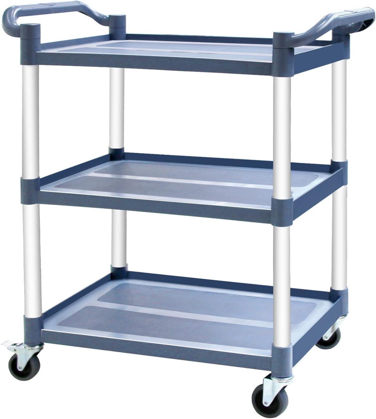 Service Cart Heavy Duty 3-Shelf Rolling Utility/Push Cart with Lockable Wheels, 360 lbs. Capacity, for Foodservice/Restaurant/Cleaning