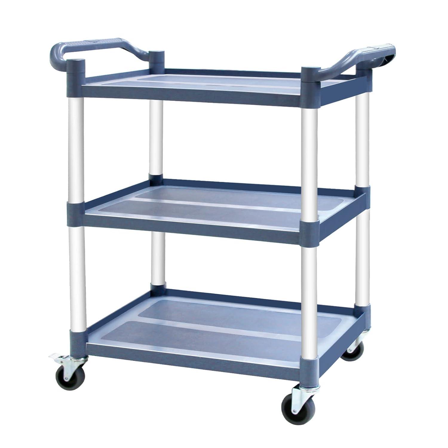 Service Cart Heavy Duty 3-Shelf Rolling Utility/Push Cart with Lockable Wheels, 360 lbs. Capacity, for Foodservice/Restaurant/Cleaning