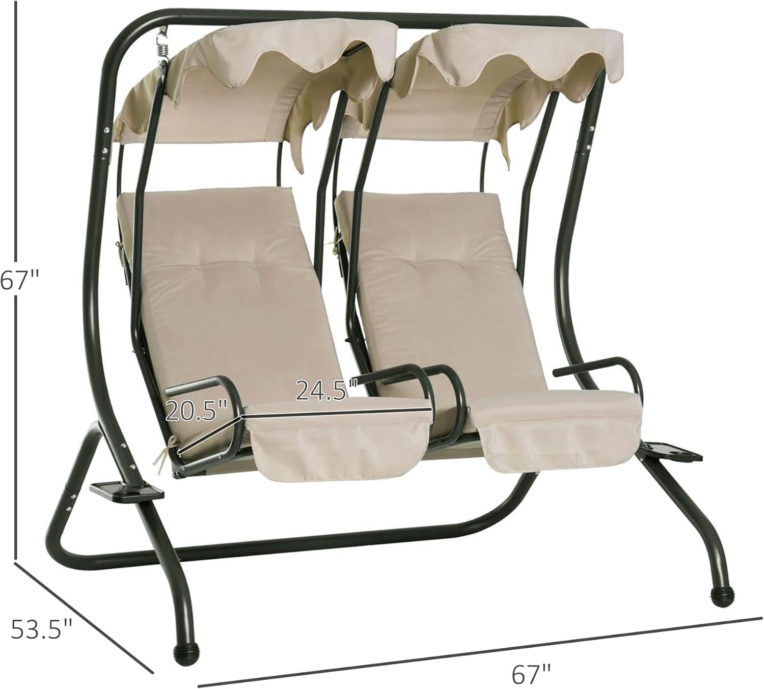 Outsunny Modern 2-Seater Outdoor Patio Swing Chair, Porch Seats with Cup Holder and Removeable Canopy, Beige