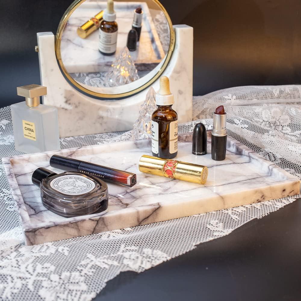 Real Luxurious Vanity Tray Natural Genuine Marble Storage Tray for Home Decor Stone Tray for Bathroom/Kitchen/Vanity/Dresser Non-Resin/Non-Ceramic(Lilac)