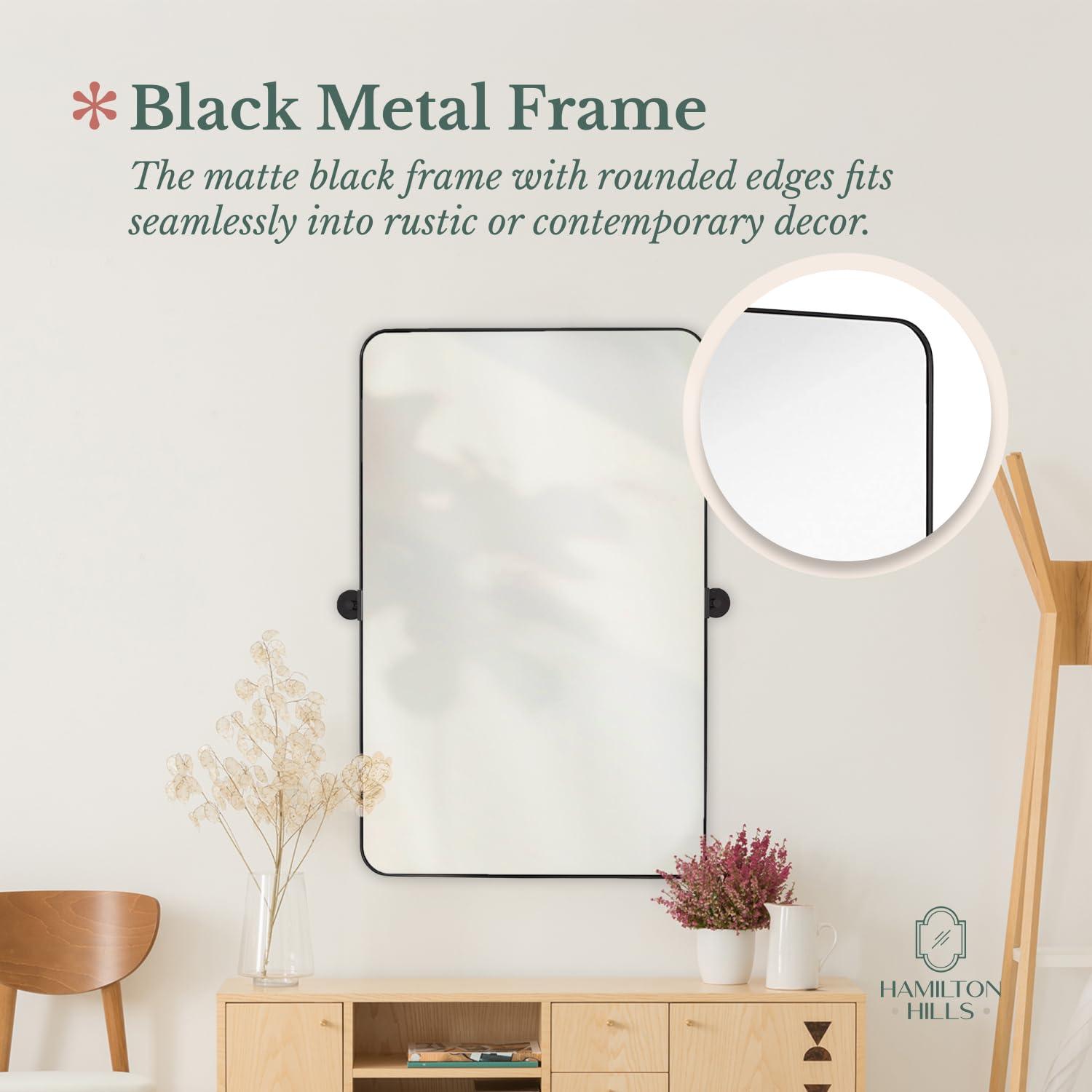 Hamilton Hills Black Metal Surrounded Round Pivot Mirror Silver Backed