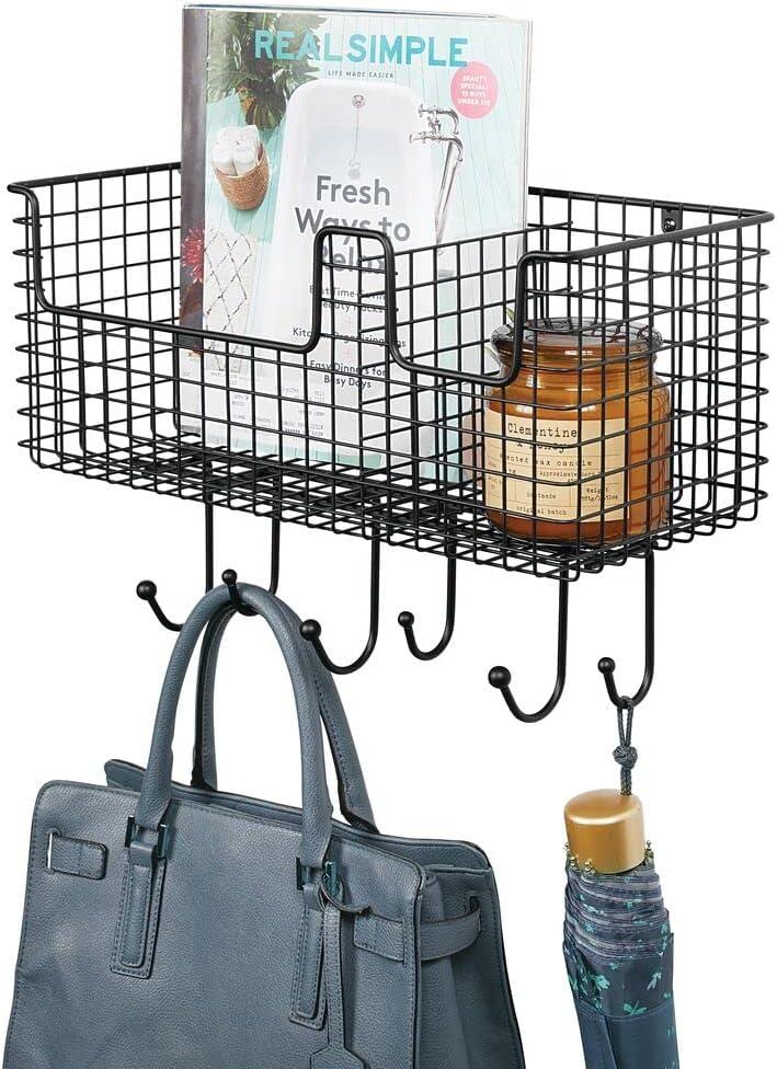 mDesign Metal Storage Organizer Basket with 6 Hooks - Wall Mount - Black