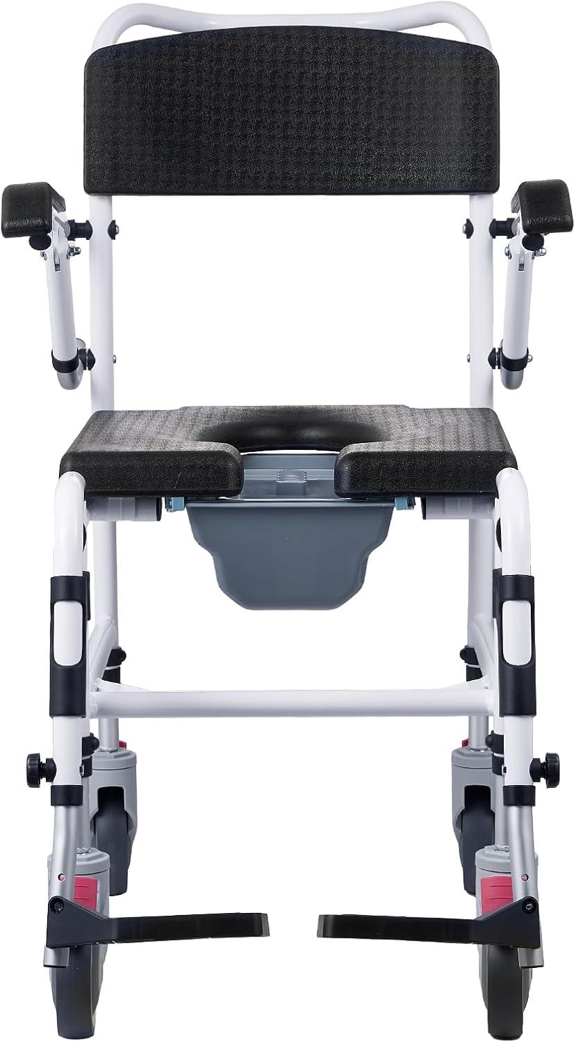 VEVOR Shower Commode Wheelchair with 4 Lockable Wheels, Footrests, Flip-up Arms, 3-Level Adjustable Height, 5L Removable Bucket, 350 LBS Capacity, Commode Chair for Adults Seniors