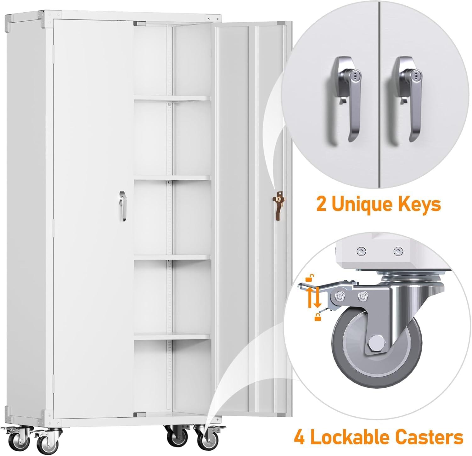 AOBABO 72 Inch Locking Metal Garage Home Office Storage Cabinet with Universal Rubber Wheels/Lockable Casters and Magnetic Doors, White