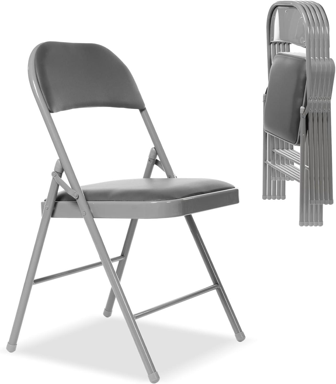 6 Pack Gray Folding Chairs with Padded Cushion and Back for Outside Portable Stackable Commercial Foldable Chairs with Steel Frame for Events Office Wedding Party, 330lbs Capacity