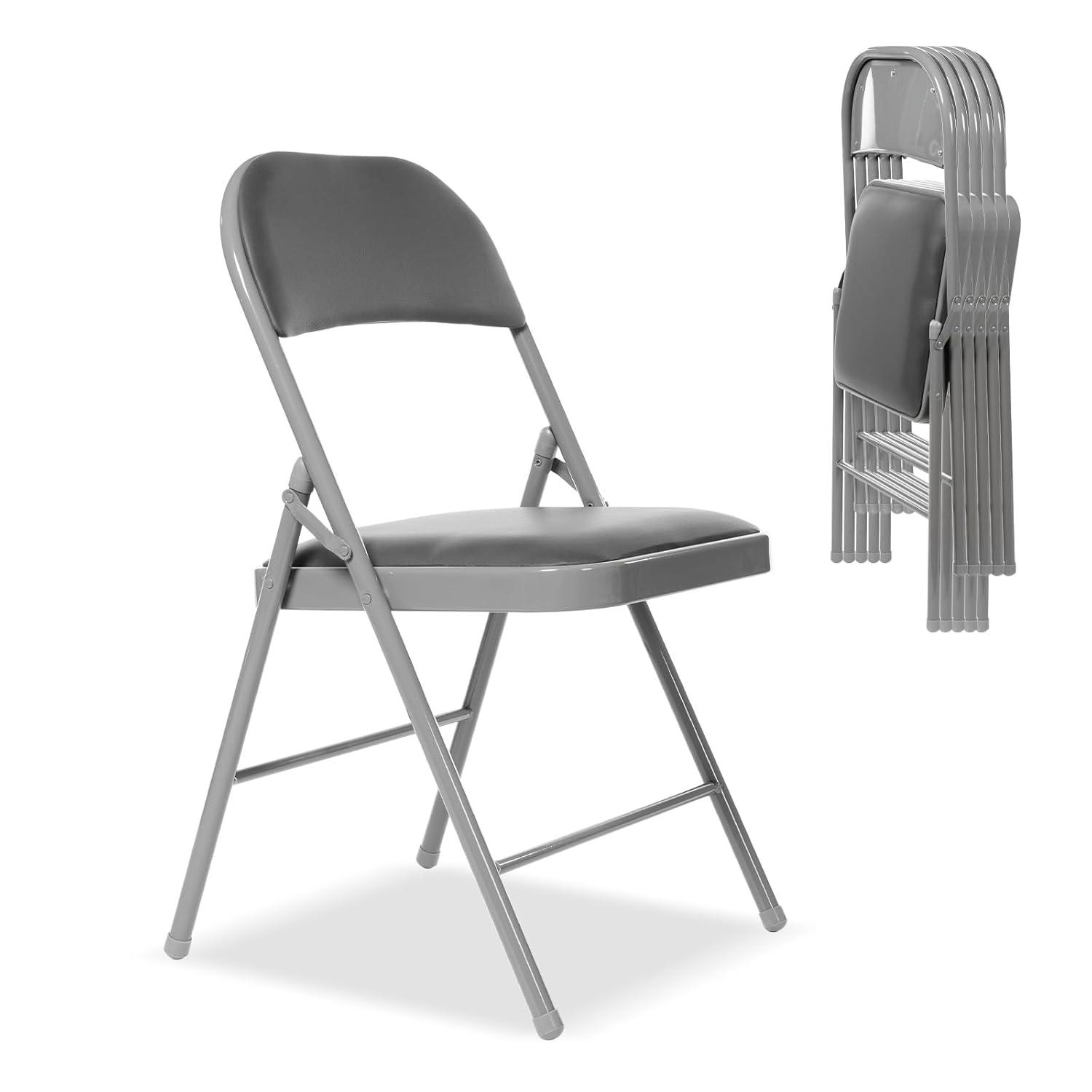6 Pack Gray Folding Chairs with Padded Cushion and Back for Outside Portable Stackable Commercial Foldable Chairs with Steel Frame for Events Office Wedding Party, 330lbs Capacity