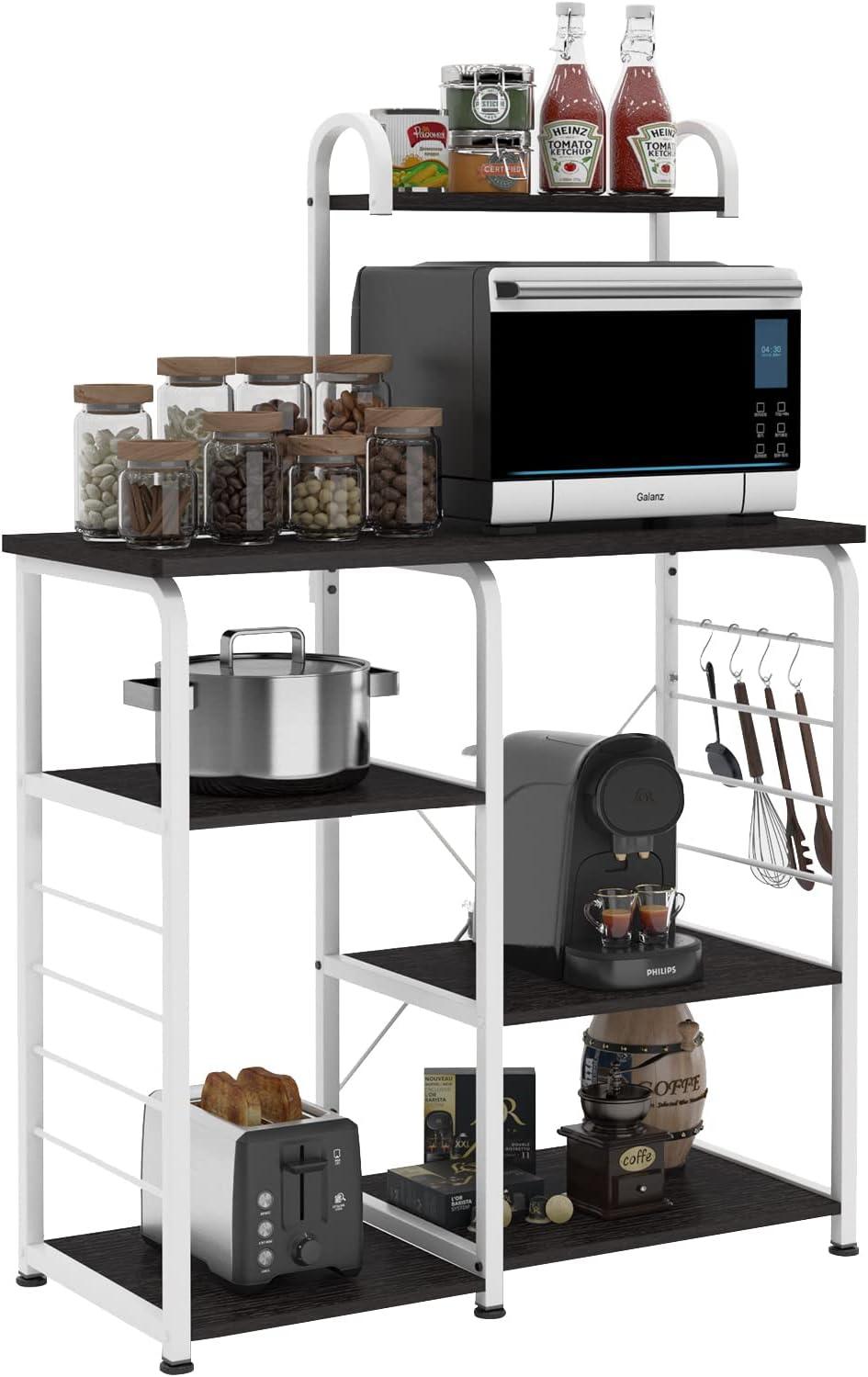 Black and White 4-Tier Kitchen Storage Rack with Hooks