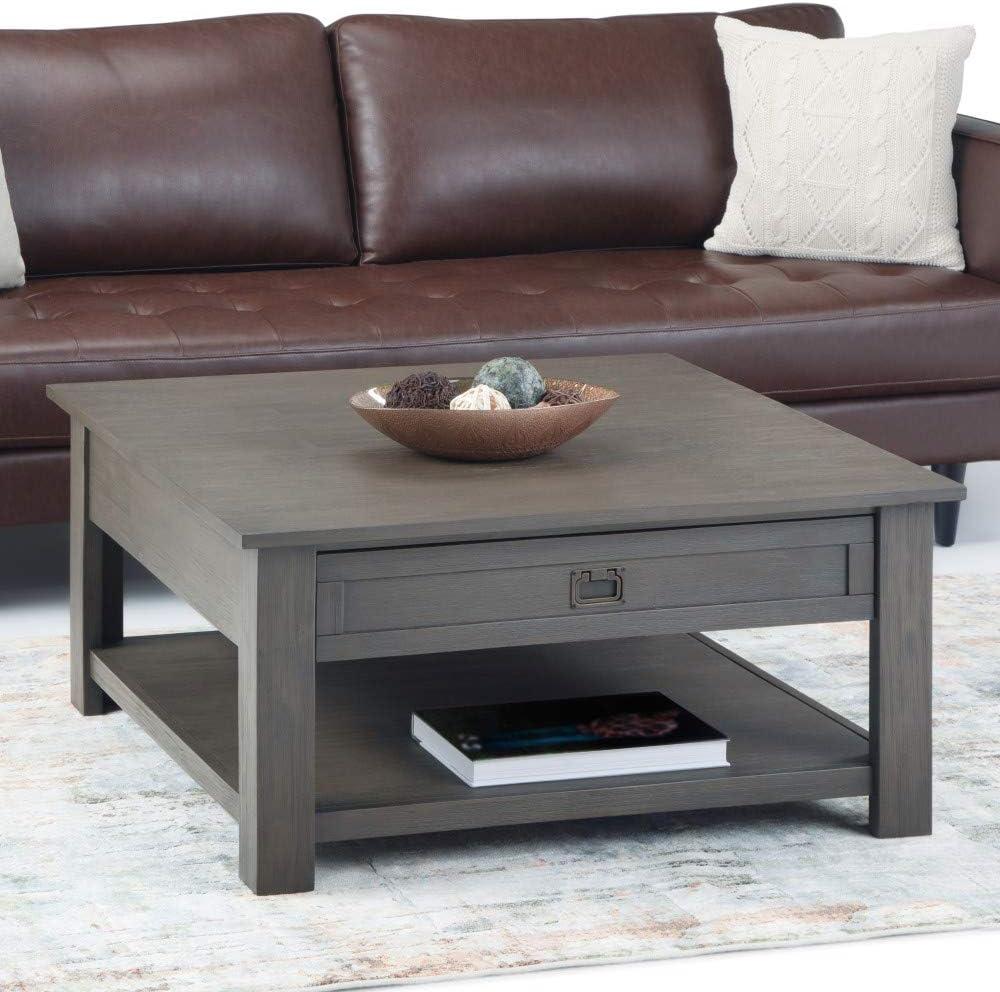 Simpli Home Monroe 38"W Solid Acacia Rustic Square Coffee Table with Large Drawer and Open Shelf