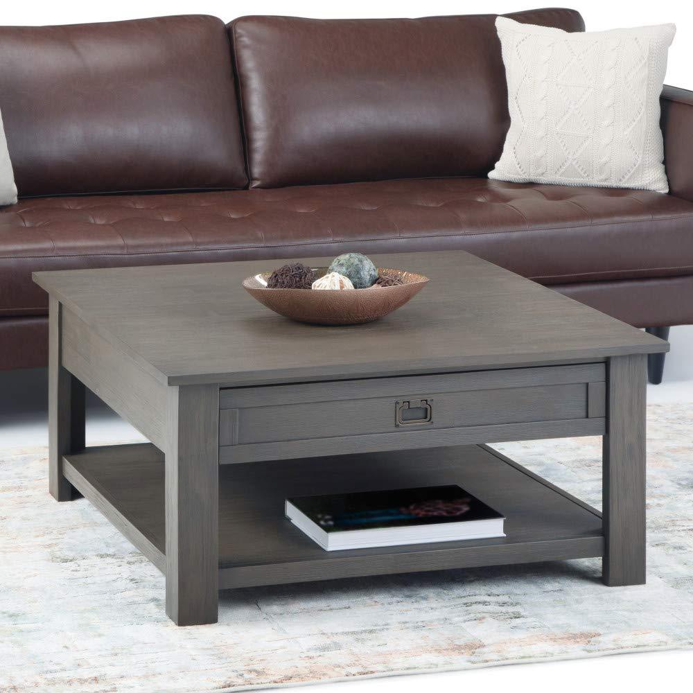 Simpli Home Monroe 38"W Solid Acacia Rustic Square Coffee Table with Large Drawer and Open Shelf