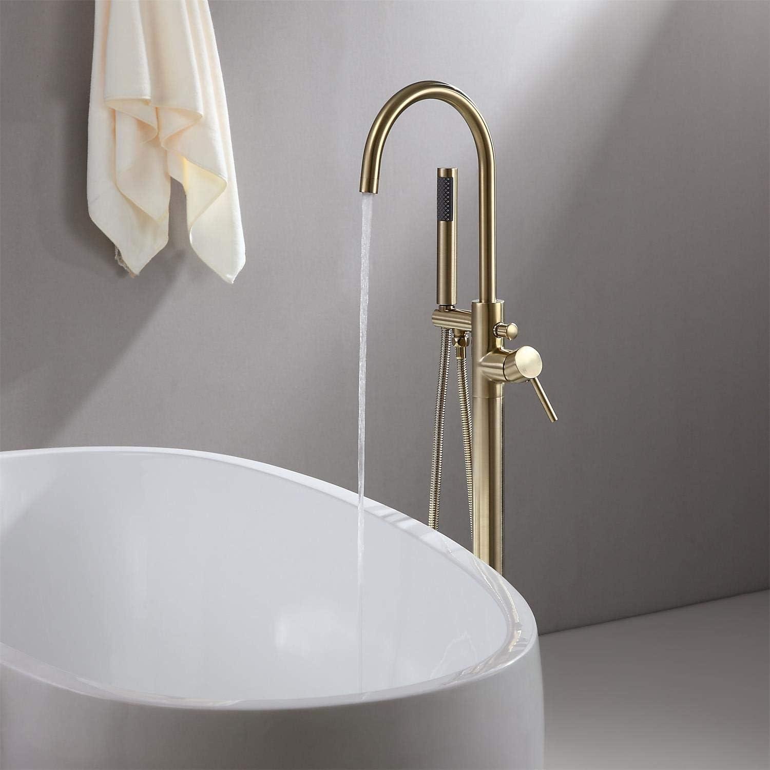 Brushed Gold Freestanding Tub Faucet with Handheld Spray