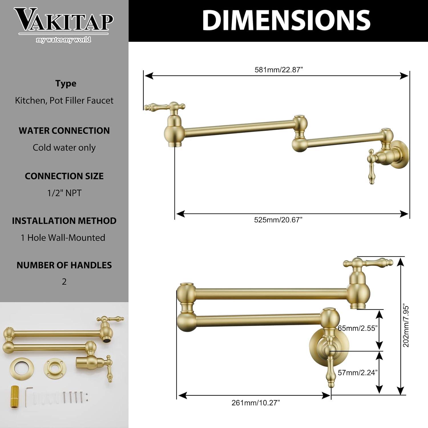 Pot Filler Faucet, Solid Brass Brushed Gold Single Cold Kitchen Faucet Wall Mounted Kitchen Pot Filler Faucet Double Joint Swing Arm Faucet