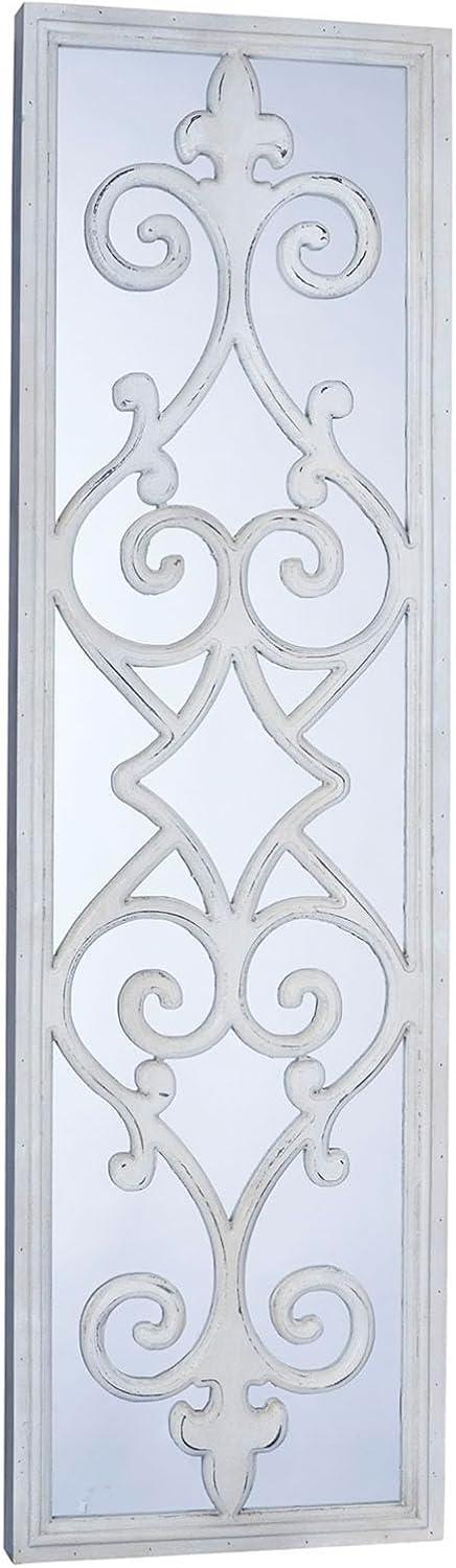 Elegant White Wood Framed Scroll Overlay Decorative Wall Mirror