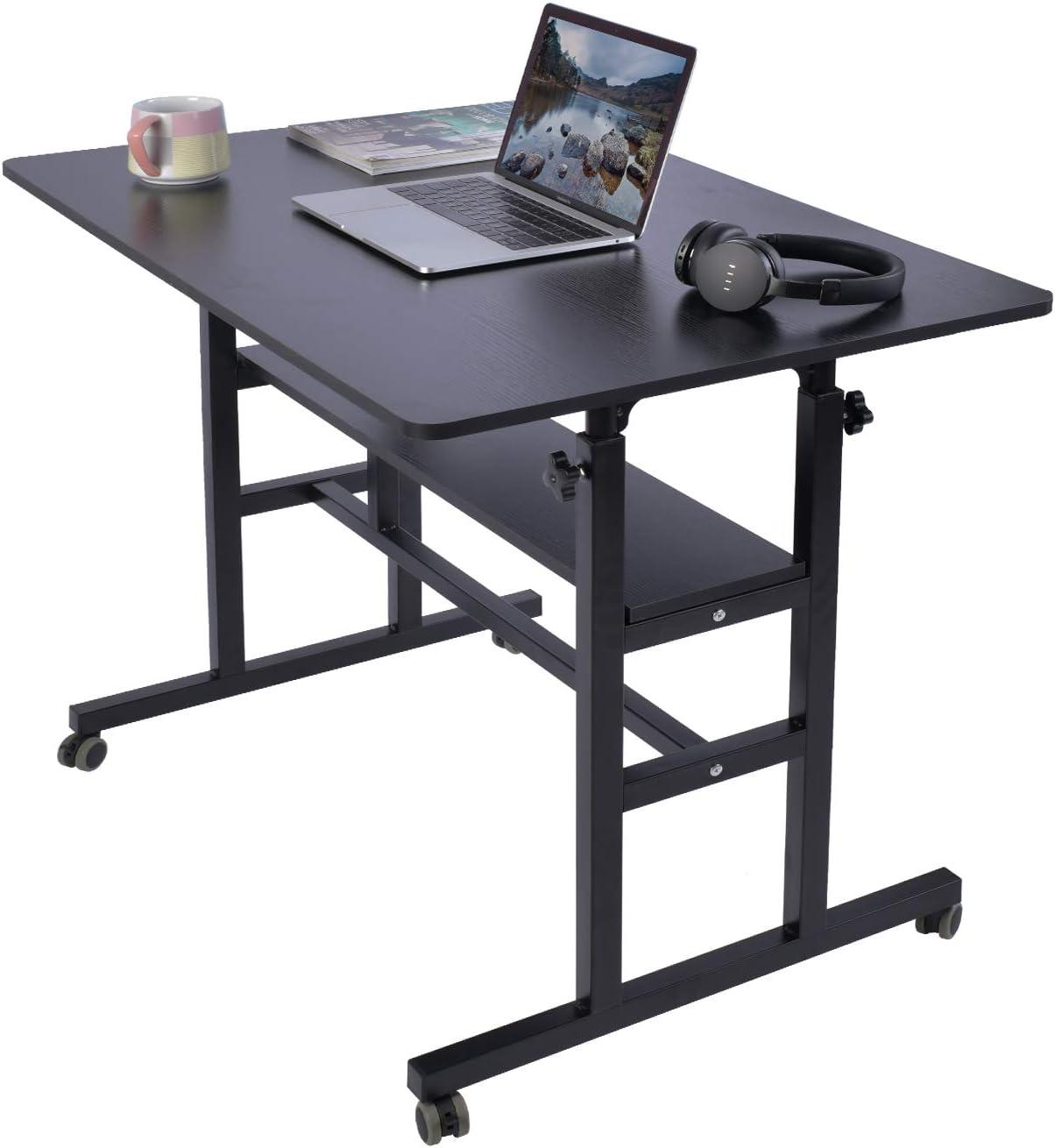 AIZ Mobile Standing Desk, Adjustable Computer Desk Rolling Laptop Cart on Wheels Home Office Computer Workstation, Portable Laptop Stand Tall Table for Standing or Sitting, Black, 39.4" x 23.6"