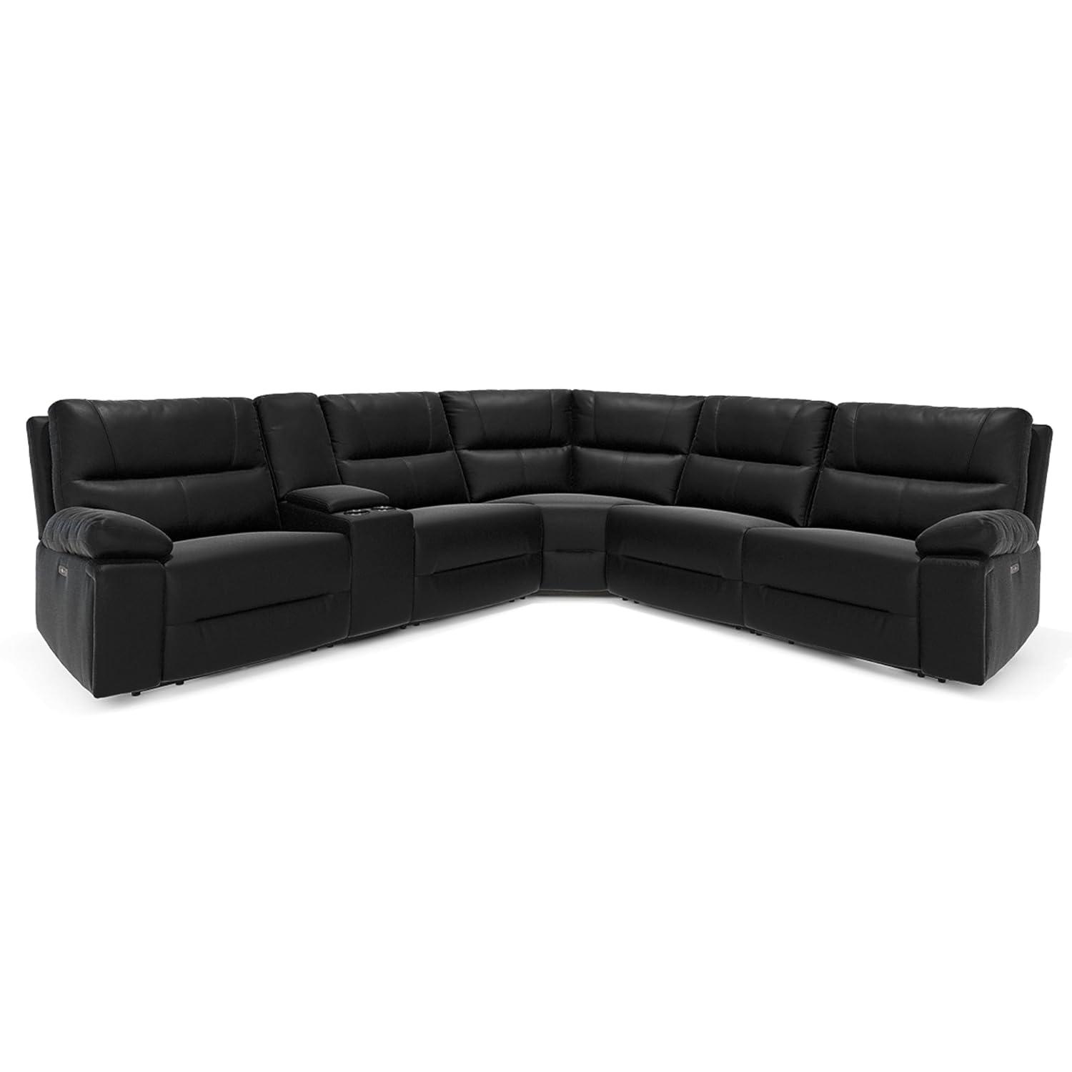 Jennifer Taylor Home Malibu 130" Modern Power Motion 6-Piece Reclining Corner Sectional with Cup Holders, Coal Black Top Grain Leather