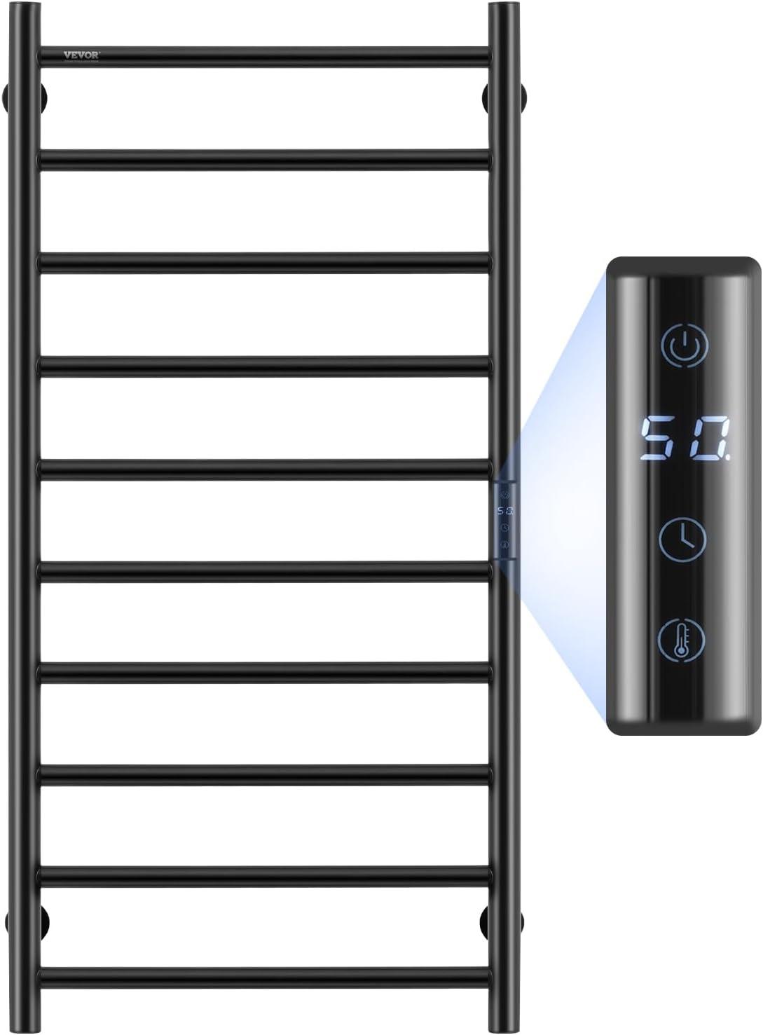 VEVOR 10-Bar Wall-Mounted Heated Towel Warmer Rack, Black, Adjustable Temperature