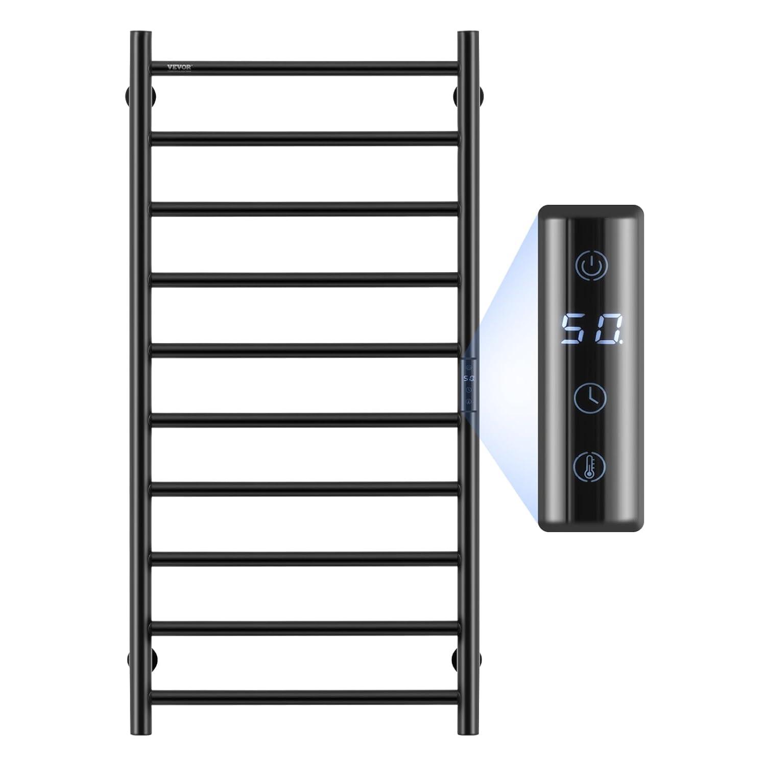 VEVOR 10-Bar Wall-Mounted Heated Towel Warmer Rack, Black, Adjustable Temperature