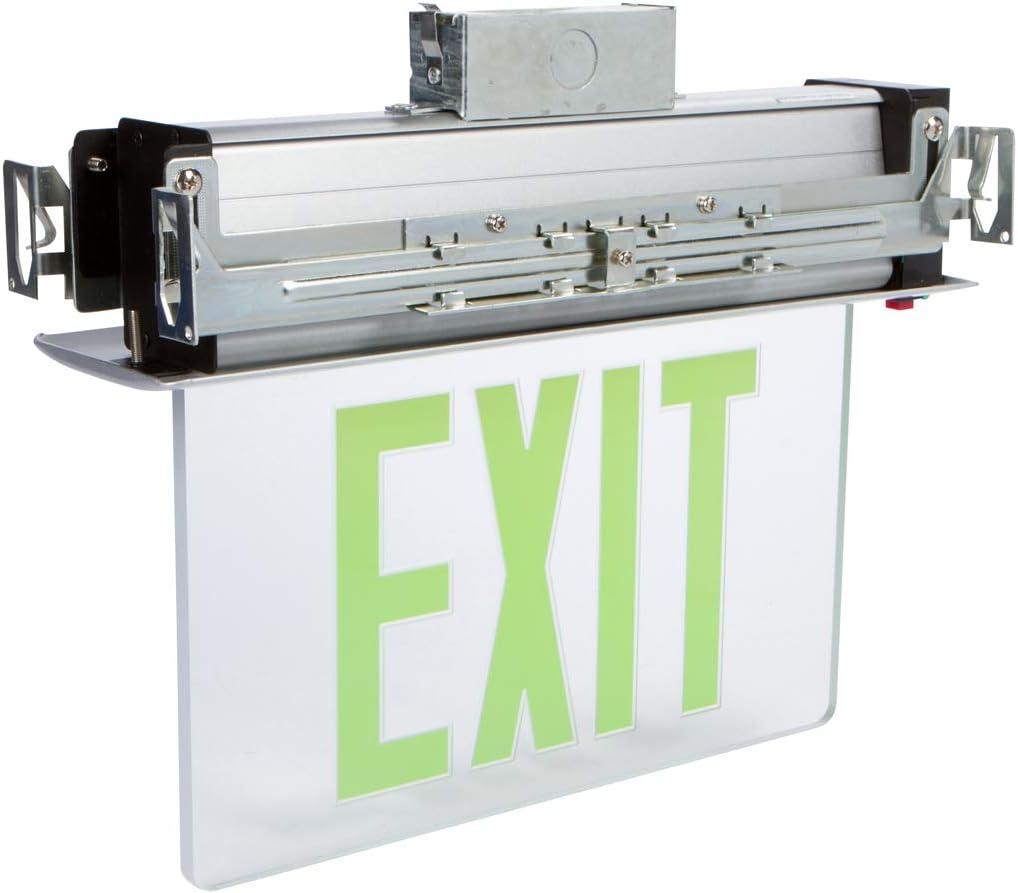 Recessed Mount Edge Lit LED Exit Signs Green on Clear Panel Aluminum Housing
