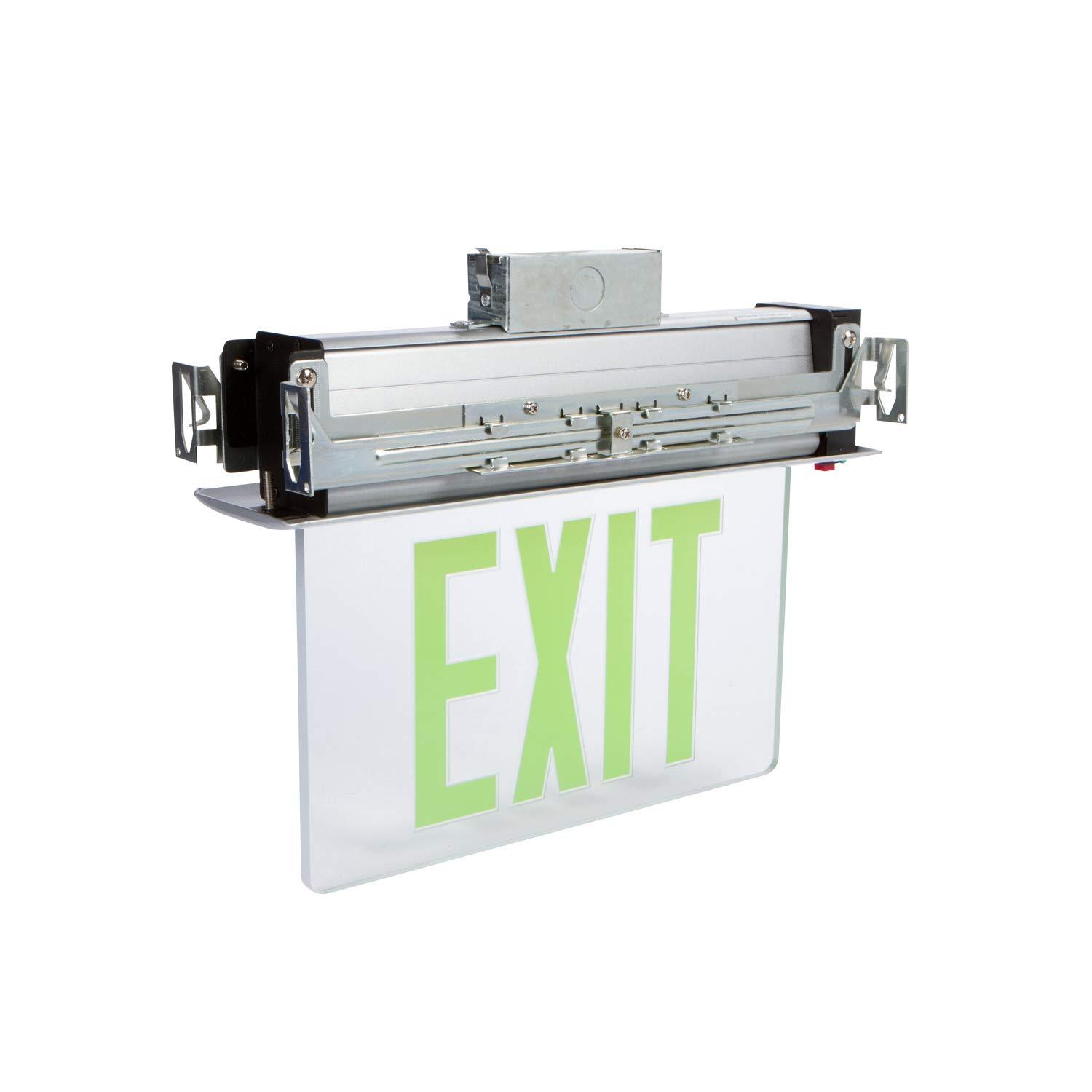 Recessed Mount Edge Lit LED Exit Signs Green on Clear Panel Aluminum Housing