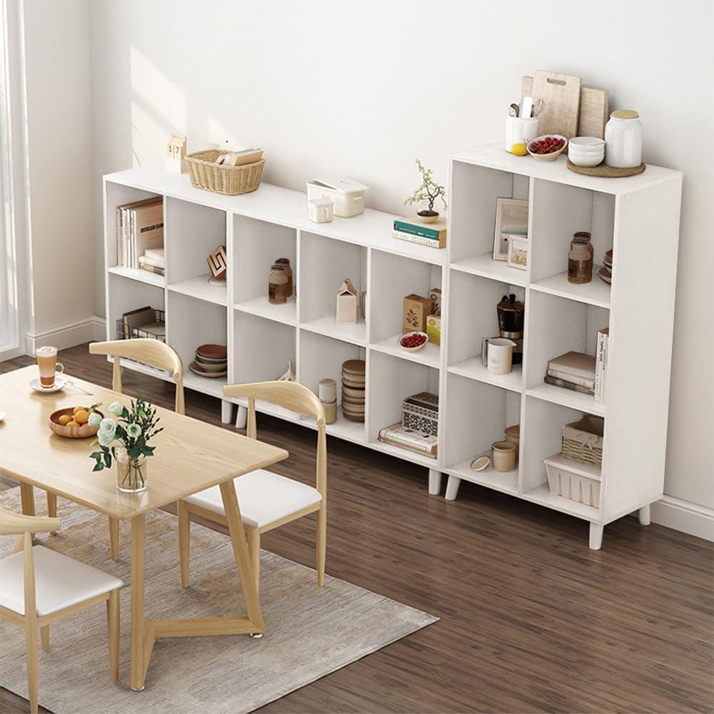 IOTXY Open Cube Low Bookcase - 2-Tier Freestanding Storage Display Cabinet Organizer with Legs for Home Office, 6-Cubes Open Shelf Short Bookshelf, White