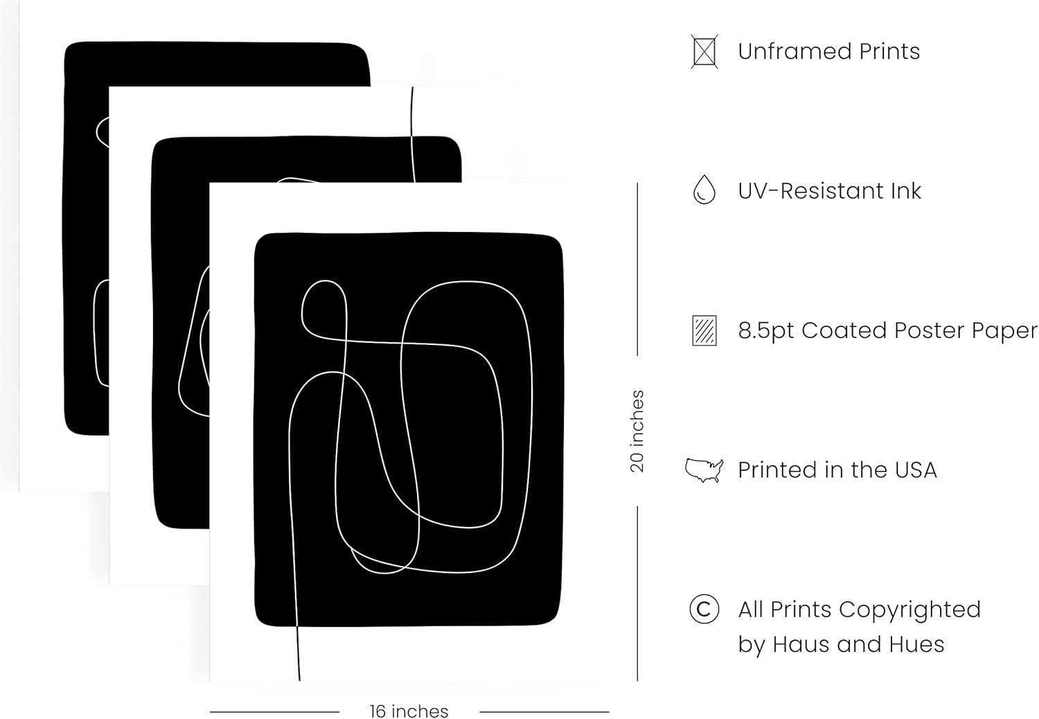 Haus and Hues Black and White Posters for Room Aesthetic Set of 3 - Line Art Wall Decor, One Line Art Print, Black and White Abstract Art, Minimalist Wall Art, Black and White Prints (Unframed, 16x20)