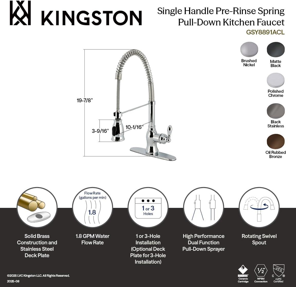 Kingston Brass GSY8891ACL Kingston Brass American Classic Single-Handle 1-or-3 Hole Deck Mount Pre-Rinse Kitchen Faucet