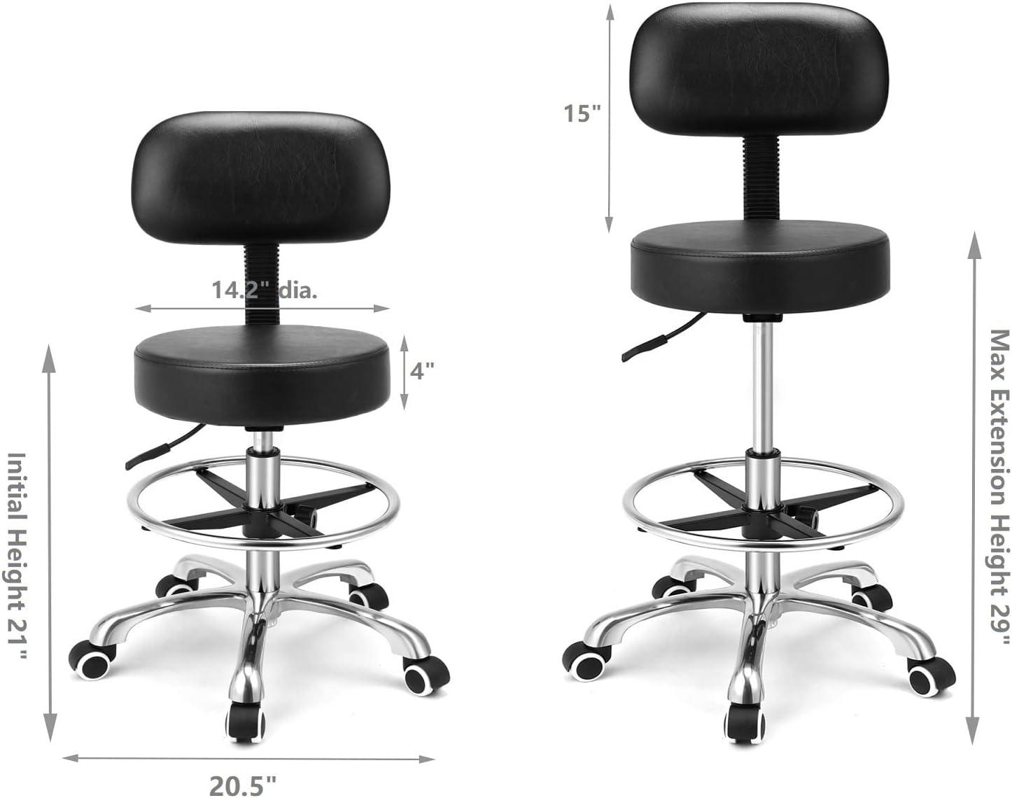 Kaleurrier Rolling Stool Salon Chair with Smooth-Rolling Wheels 360-degree Swivel Seat Heavy Duty Hydraulic Height Adjustable High Barber Cutting Stools (Black, with Backrest)