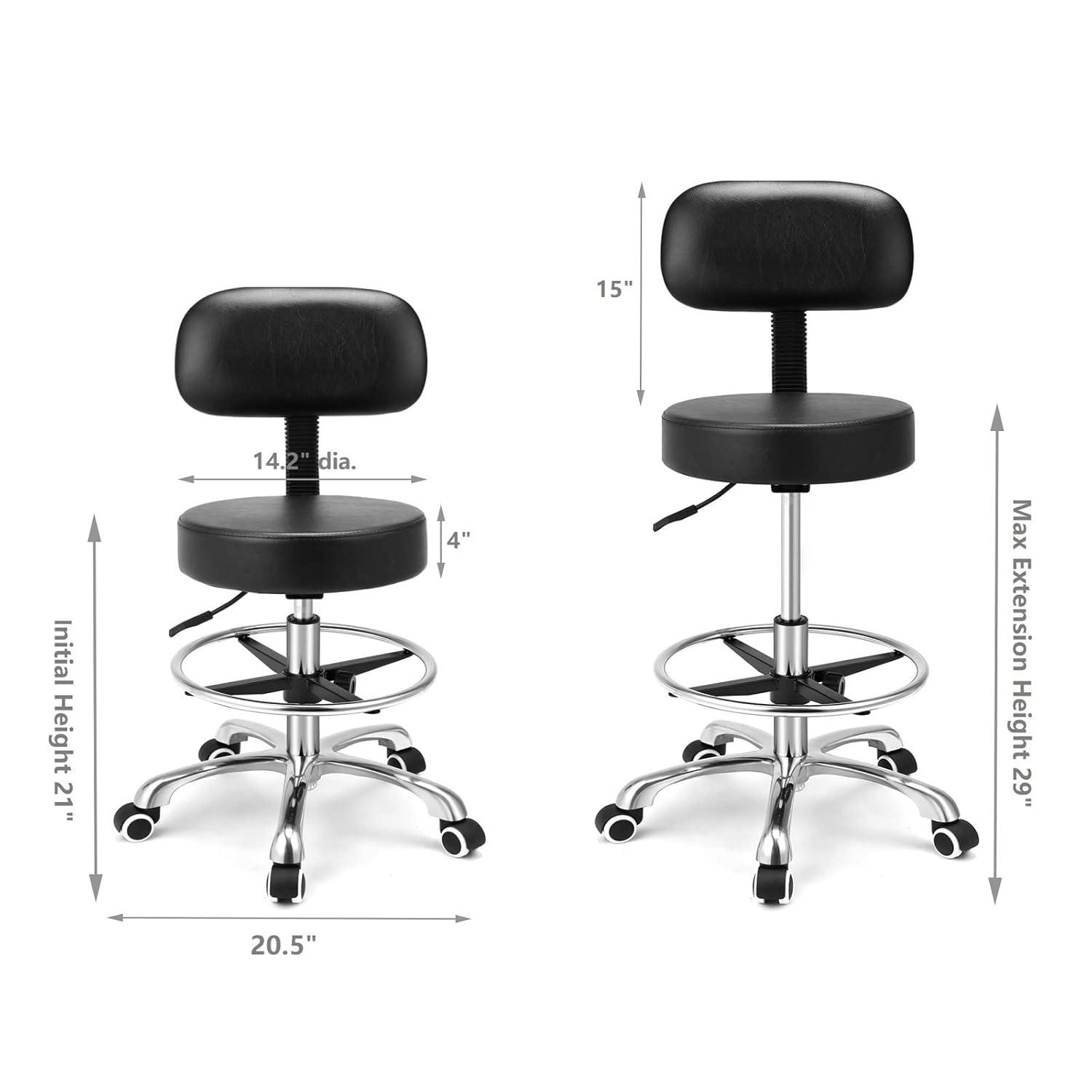 Kaleurrier Rolling Stool Salon Chair with Smooth-Rolling Wheels 360-degree Swivel Seat Heavy Duty Hydraulic Height Adjustable High Barber Cutting Stools (Black, with Backrest)