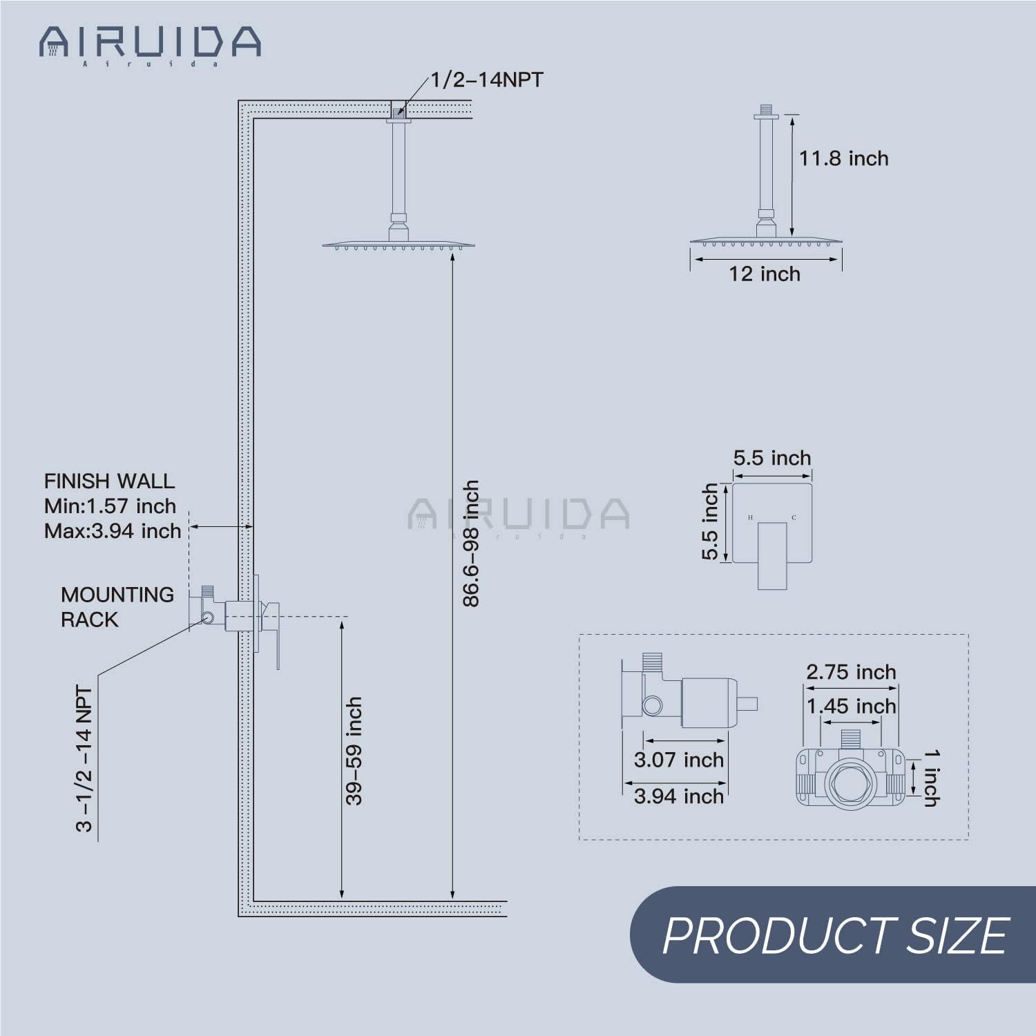 12" Ceiling Mounted Shower Head Pressure Balancing Rain Shower System with Rough-in Valve and Trim Kit