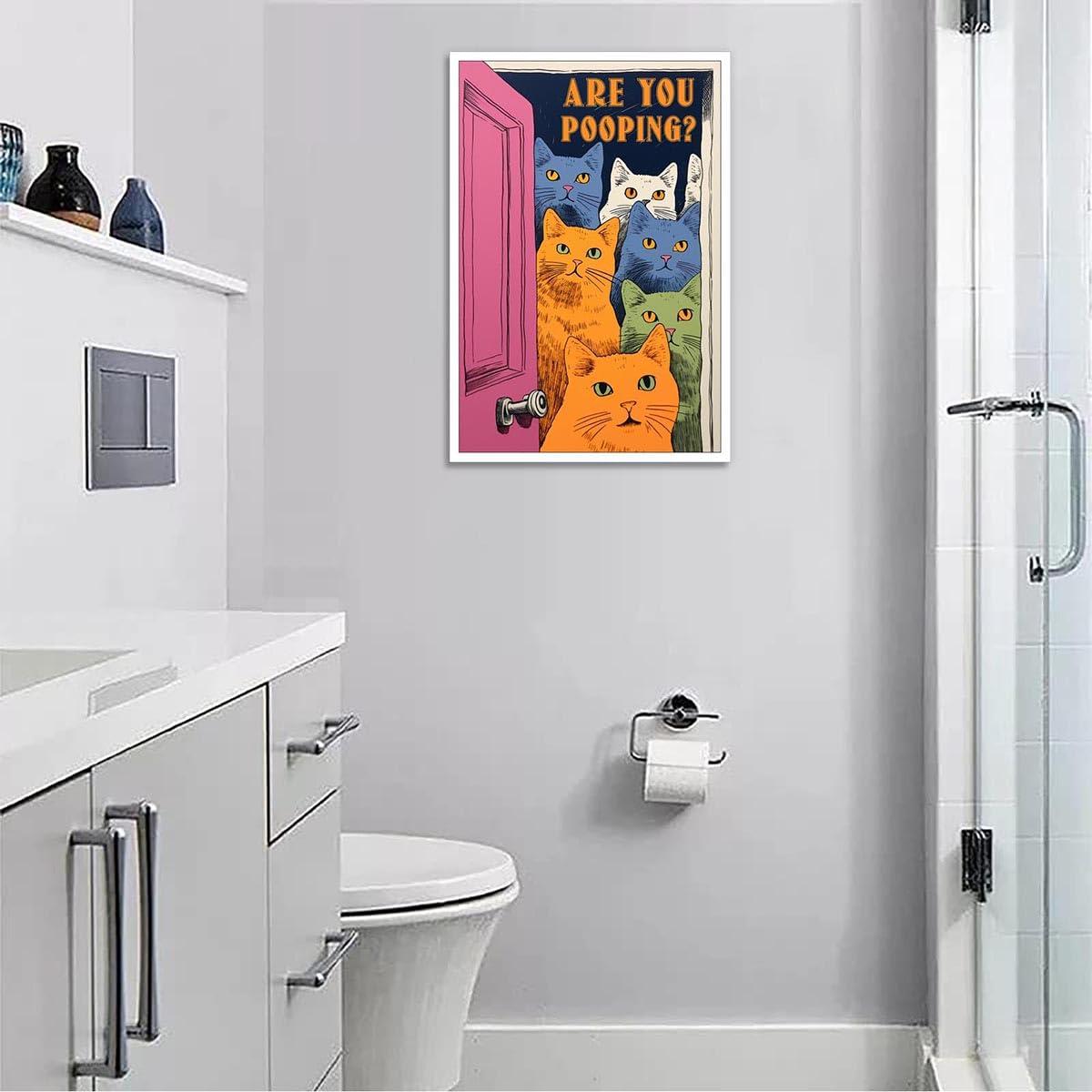 Funny Bathroom Cat Print Poster, Funky Are You Pooping Cat Sign Canvas Wall Art, Quirky Cats Witty Humor Pictures Artwork for Toilet Wall Decor 12x16in Unframed