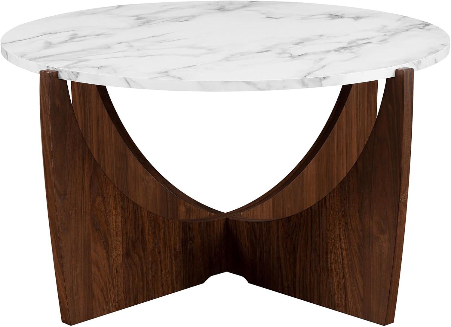 Walker Edison Modern Round Scoop-Base 35” Coffee Table - Calacatta Marble/Dark Walnut