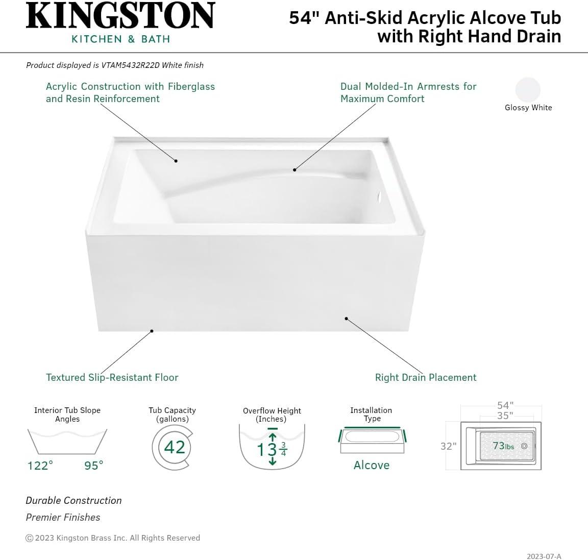 Kingston Brass Aqua Eden 54-Inch Acrylic Rectangular 3-Wall Alcove Tub, Hand Drain and Anti-Skid Surface