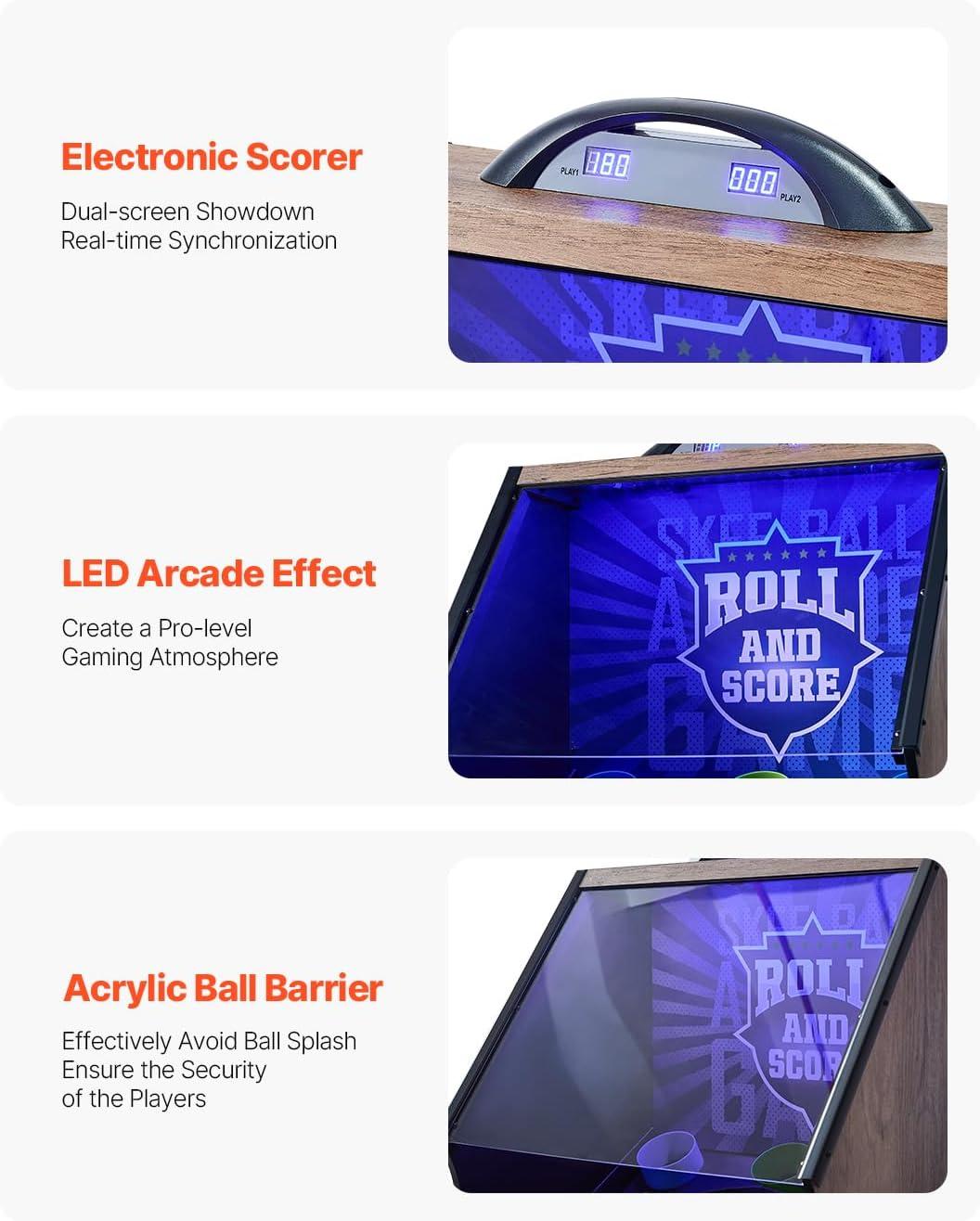 8 ft. Roll and Score Classic Arcade Game Table, Skee Ball Arcade Machine Indoor with Electronic Scorer, Sound, Automatic