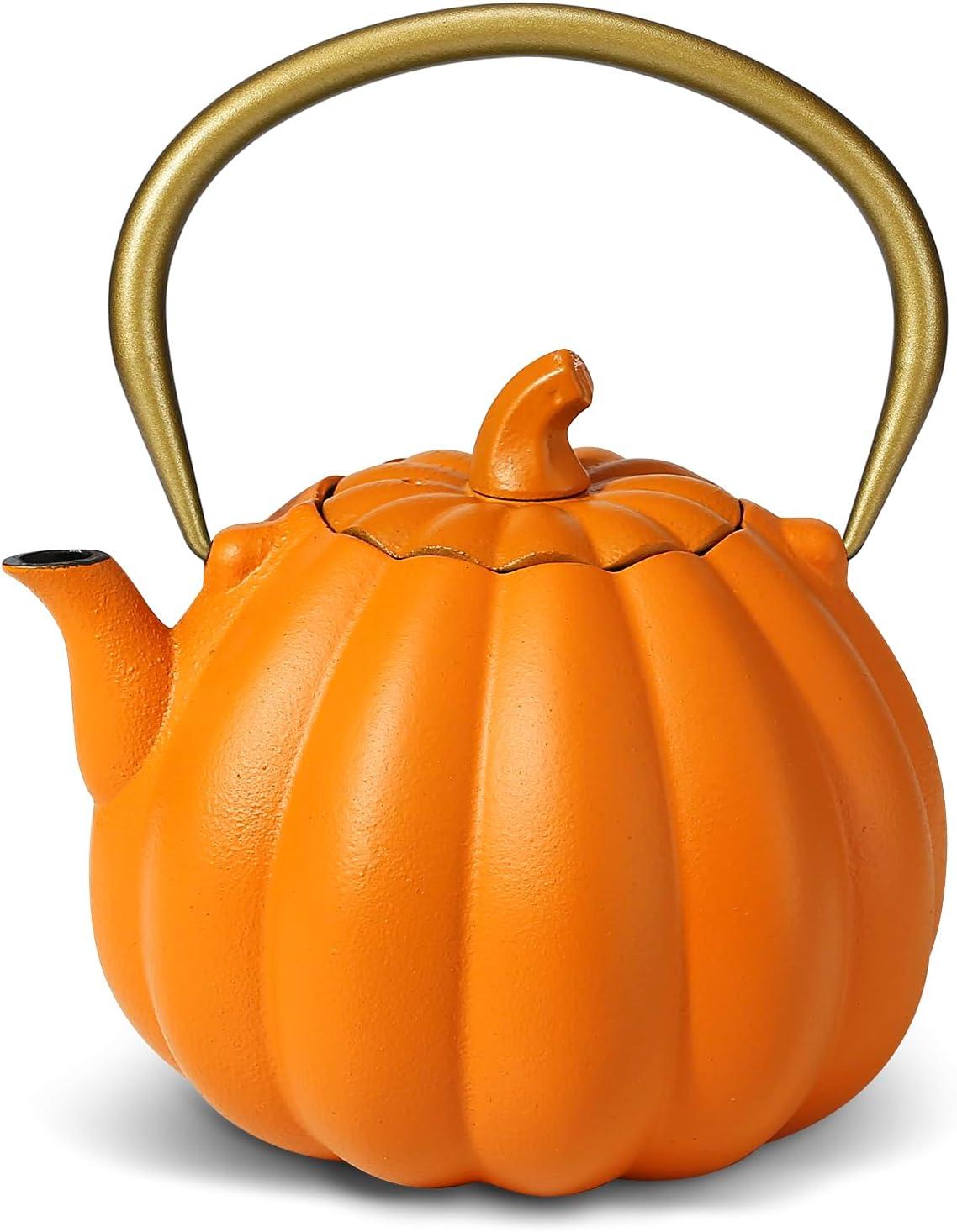 Ophelia & Co. Orange Pumpkin Cast Iron Teapot, Natural Pumpkin Color, Japanese Cast Iron Tea Kettle Stovetop Safe With Infuser, Creative Pumpkin Halloween Teapot(40Oz/1200Ml, Orange)