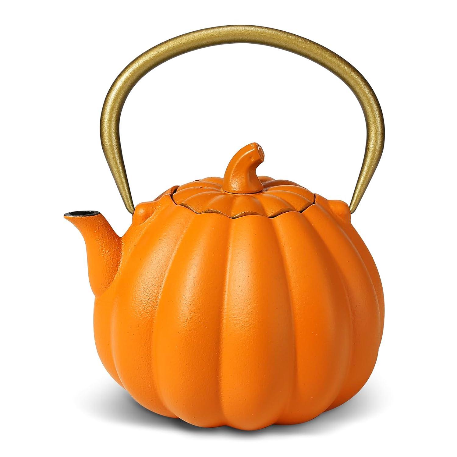 Ophelia & Co. Orange Pumpkin Cast Iron Teapot, Natural Pumpkin Color, Japanese Cast Iron Tea Kettle Stovetop Safe With Infuser, Creative Pumpkin Halloween Teapot(40Oz/1200Ml, Orange)