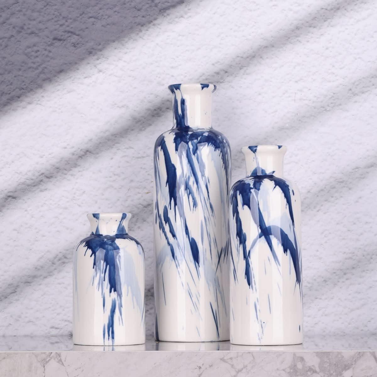 Orren Ellis Blue Ceramic Vase Set Of 3 - Decorative Navy Blue And White Vase For Centerpieces, Farmhouse And Home Decor - Ideal For Living Room, Kitchen, Bedroom, Dining Table And Office Decor