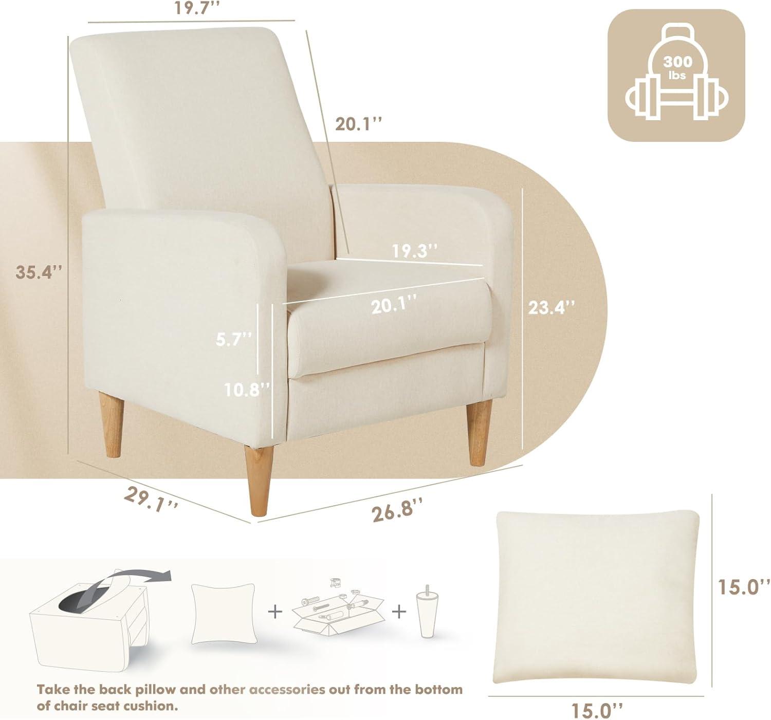 Beige Upholstered Accent Chair with Pillow and Wood Legs