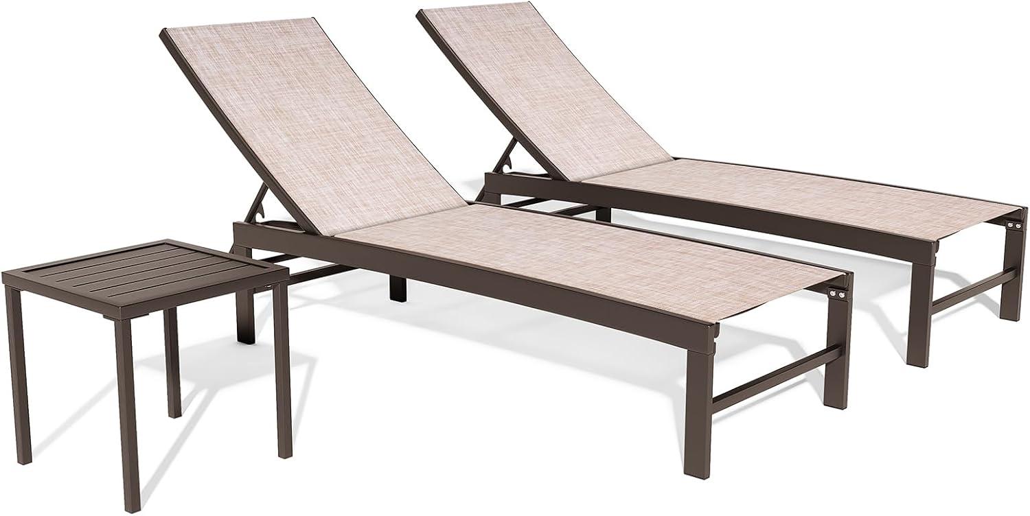 3pc Outdoor Five Position Adjustable Curved Aluminum Lounge Set Brown - Crestlive Products: Weather-Resistant Patio Furniture Set with Side Table