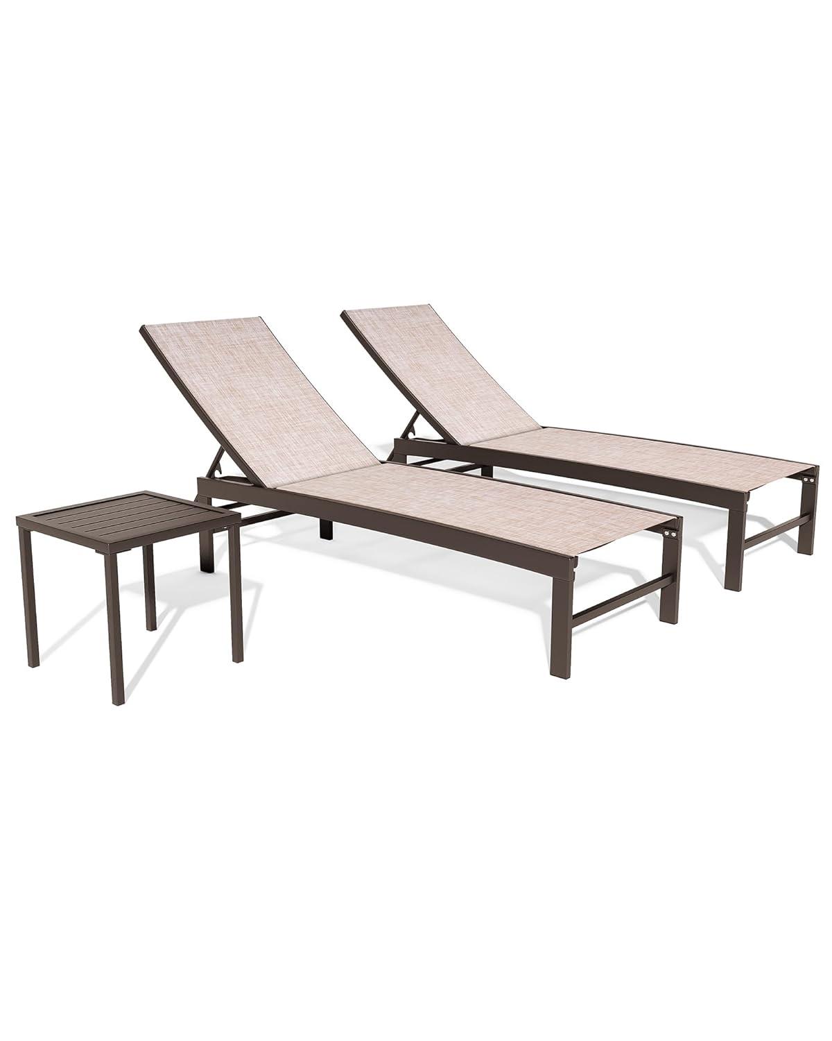 3pc Outdoor Five Position Adjustable Curved Aluminum Lounge Set Brown - Crestlive Products: Weather-Resistant Patio Furniture Set with Side Table