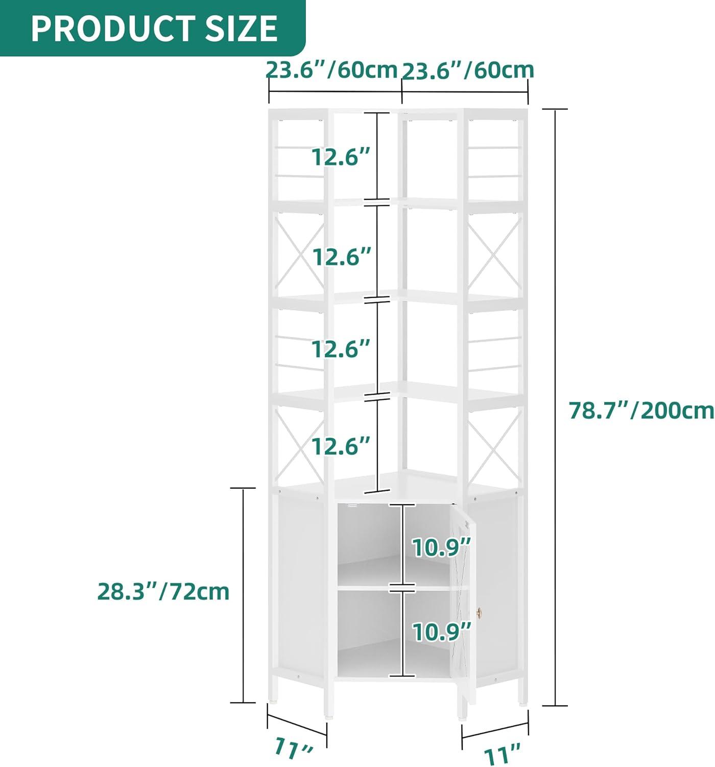 White 7-Tier Corner Bookshelf with Doors and Storage