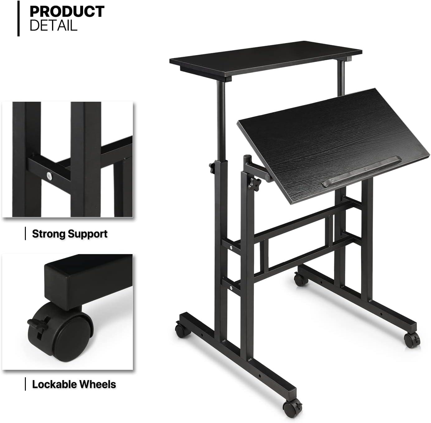 MoNiBloom Mobile Computer Desk, Adjustable Height Laptop Standing Desk with Tilting Tabletop and Monitor Shelf