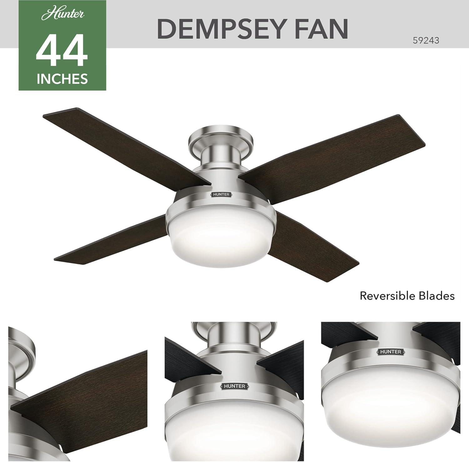 Dempsey Low Profile 44" 4 - Blade Indoor Flush Mount Small Room Ceiling Fan with Lights and Remote